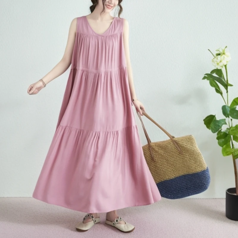 高级感洋气胖MM背心裙夏季大码旅游海边度假裙黑色无袖棉绸连衣裙