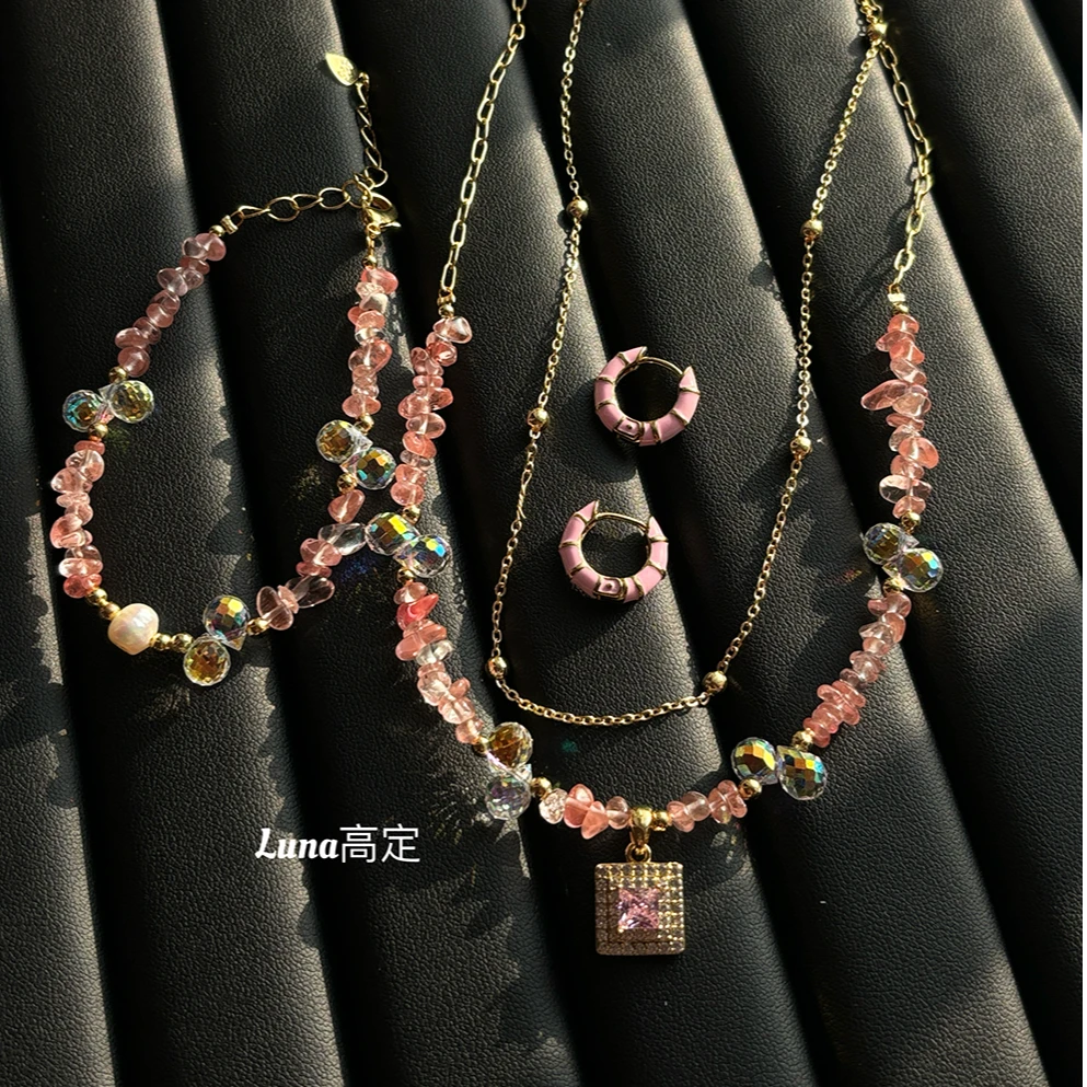 铜合金项链 Luna定制0158设计款粉红满星手工三件套