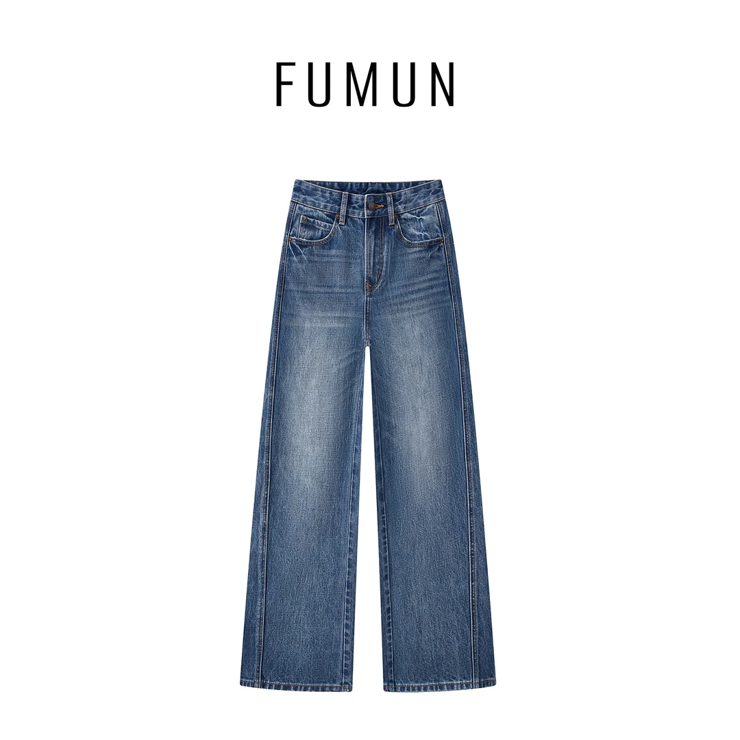 FUMUN【梧影】品牌设计师直筒高腰阔腿裤秋冬高级水洗牛仔裤#F3866