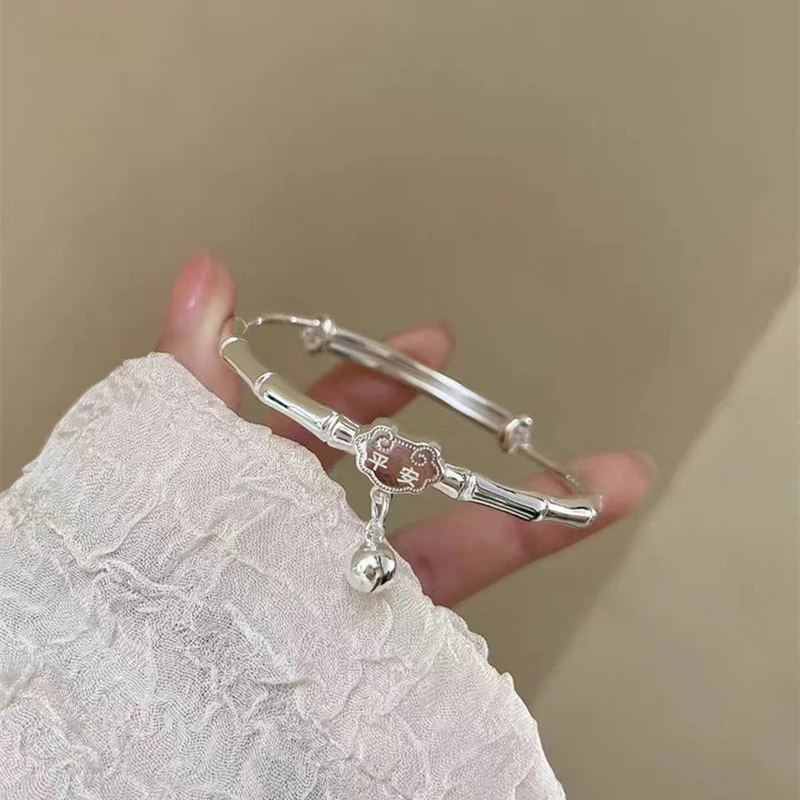 足银手镯 足银手镯  足银s9999 竹节平安锁推拉手镯