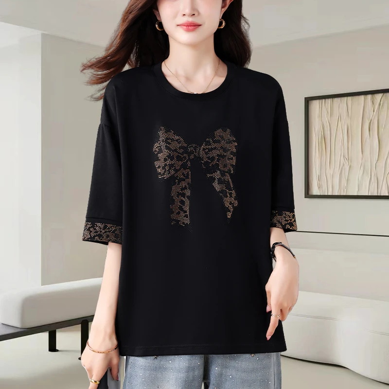 黑色圆领短袖t恤女2025夏季新款时尚大码宽松显瘦设计感别致上衣