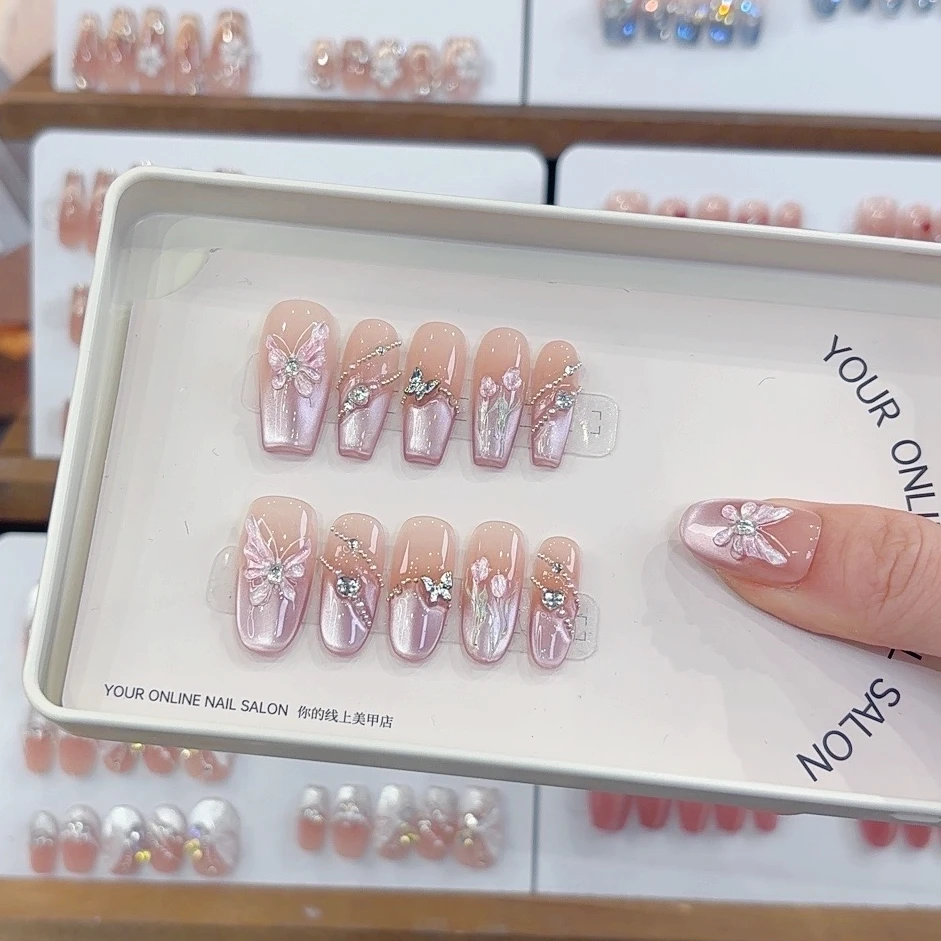 【蝶花轻舞】纯手工定制穿戴甲轻奢高级感显白裸色指甲贴