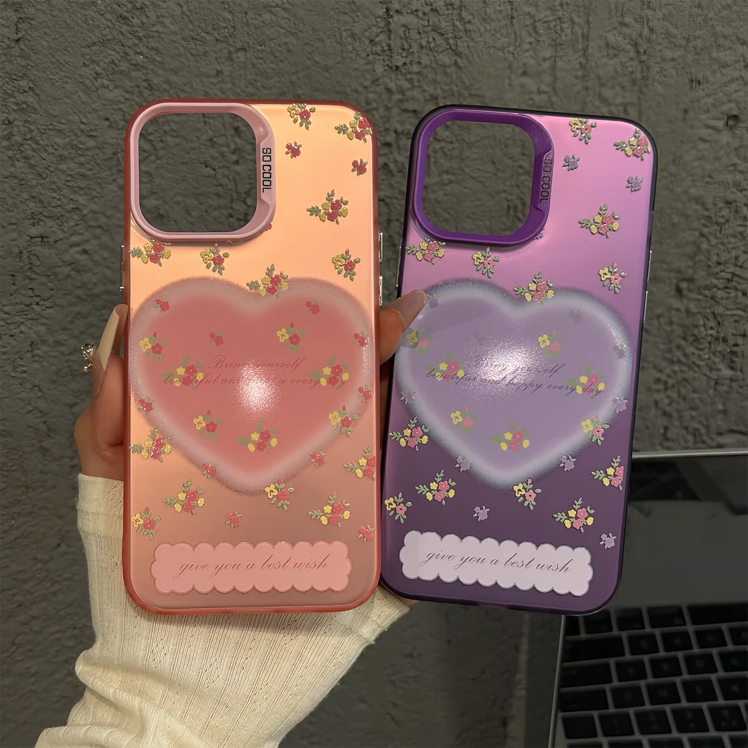 适用苹果16pro磨砂彩银iPhone15手机壳小众oppo华为p爱心碎花小米