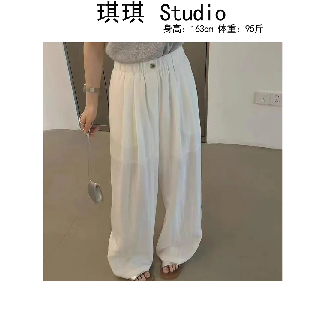 《琪琪家》夏季新款单扣子松紧腰莫兰迪皱慵懒风垂感休闲裤96059-X