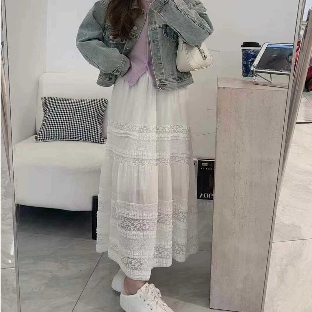 ouran 春季新款G1315百搭显瘦重工蕾丝松紧腰半裙