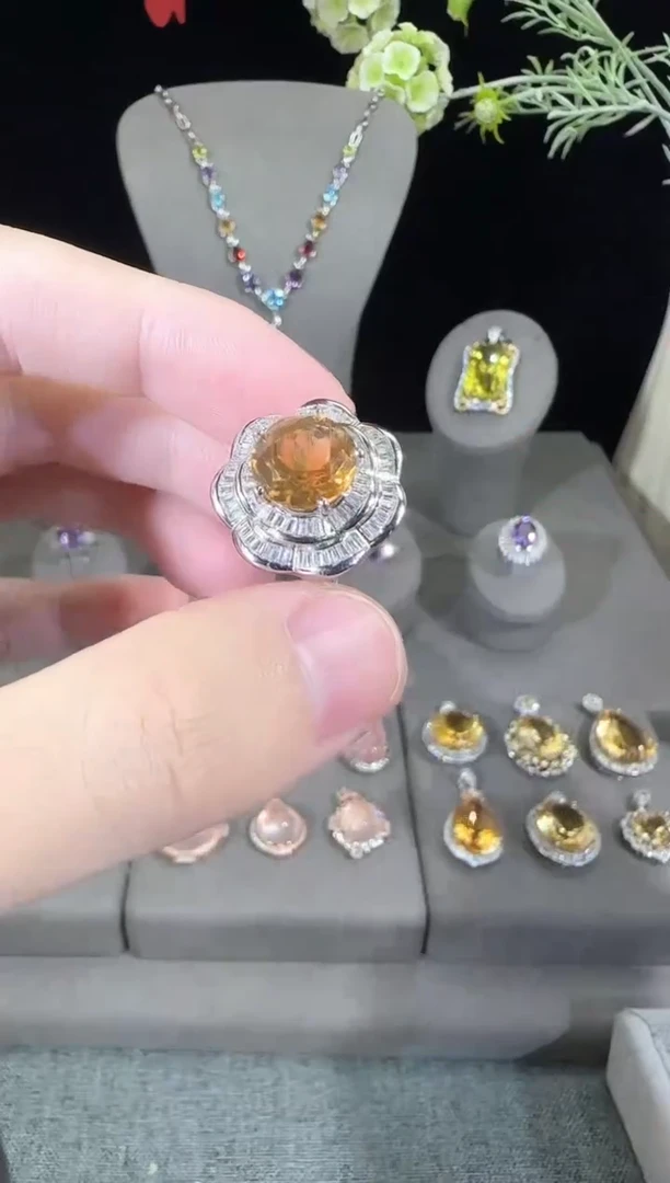 黄晶戒指银S925镶嵌设计款
