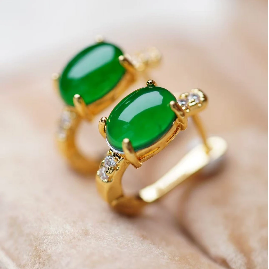 天然A货翡翠椭圆蛋面气质时尚精致百搭耳扣6*8mm 金色