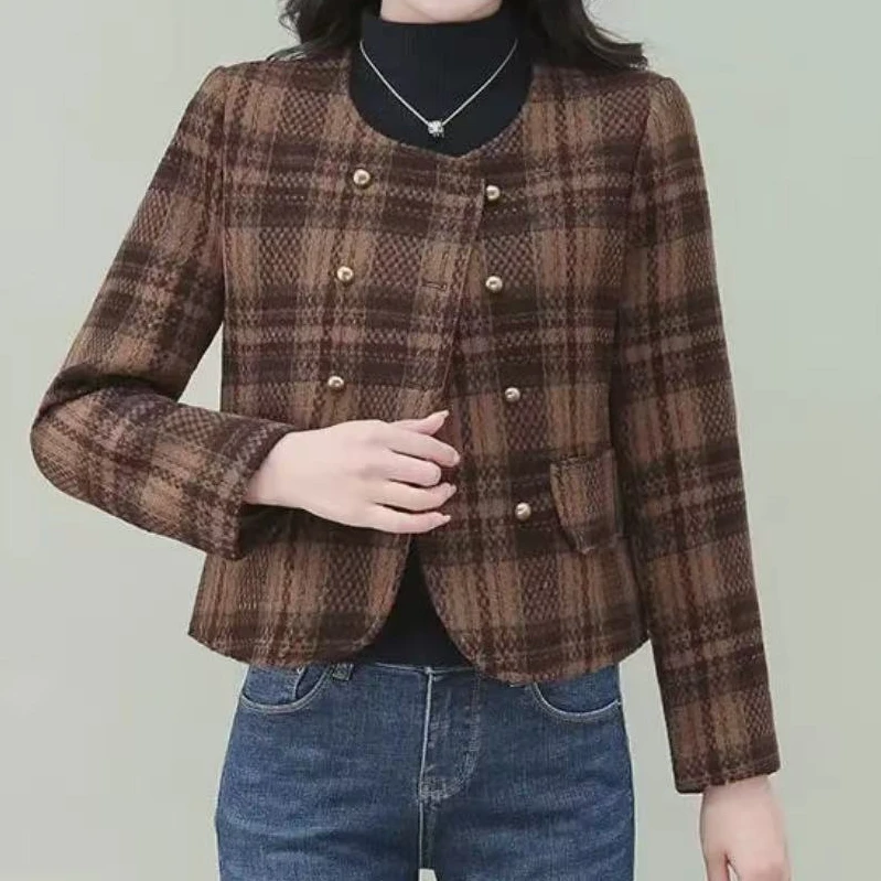 春秋新款毛呢格子外套时尚短外套显瘦女装洋气小个子上衣2429长47