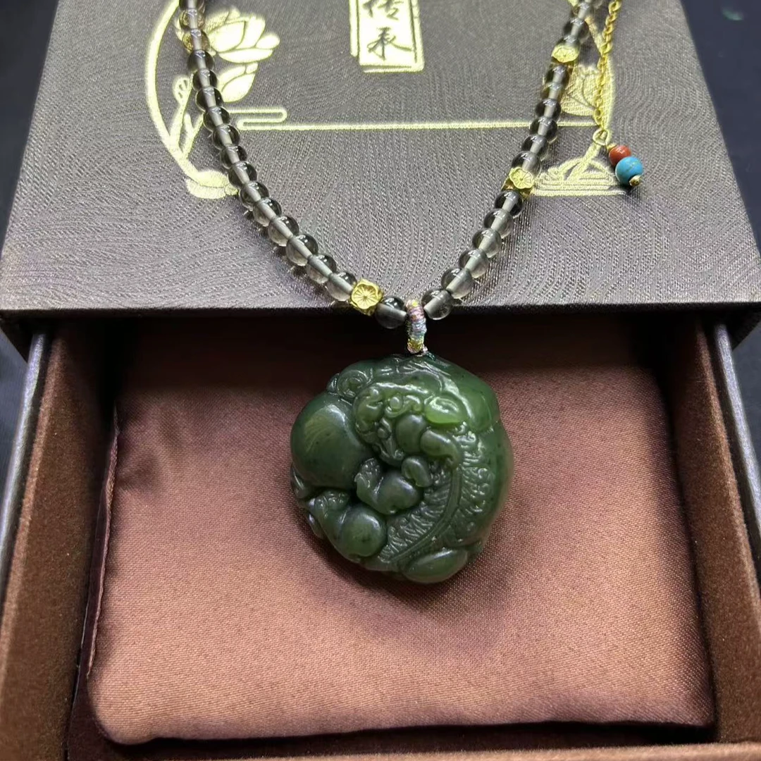 和田碧玉貔貅项链 全玉珠链 招财纳福