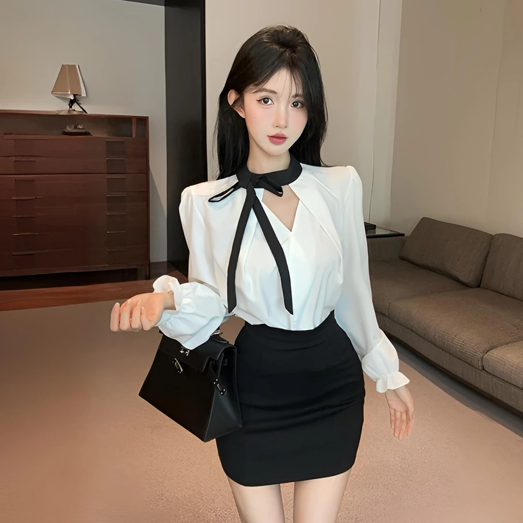 纯欲性感包臀裙辣妹套装秋季设计感气质显瘦长袖白色衬衫两件套女
