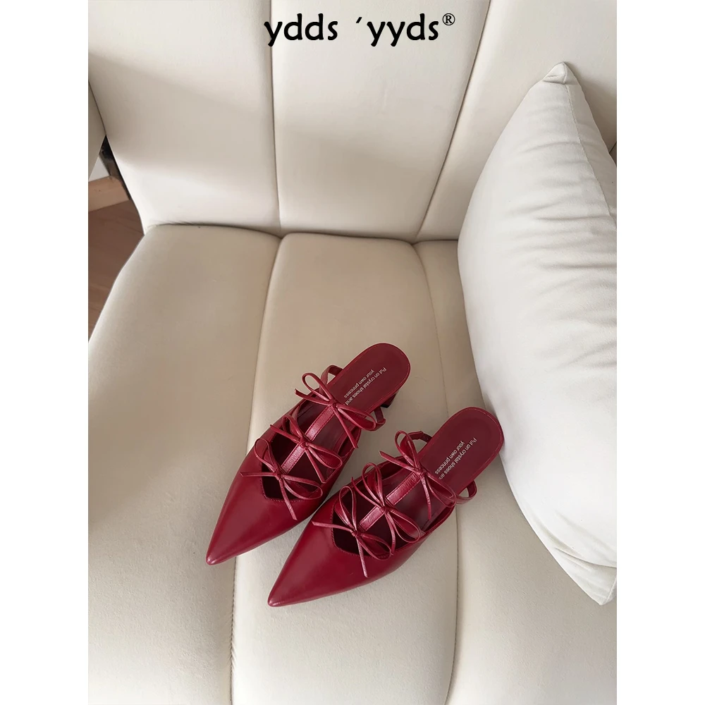 YDD/25新款拖鞋气质甜美尖头蝴蝶结百搭中跟包头凉拖鞋/跟高5CM