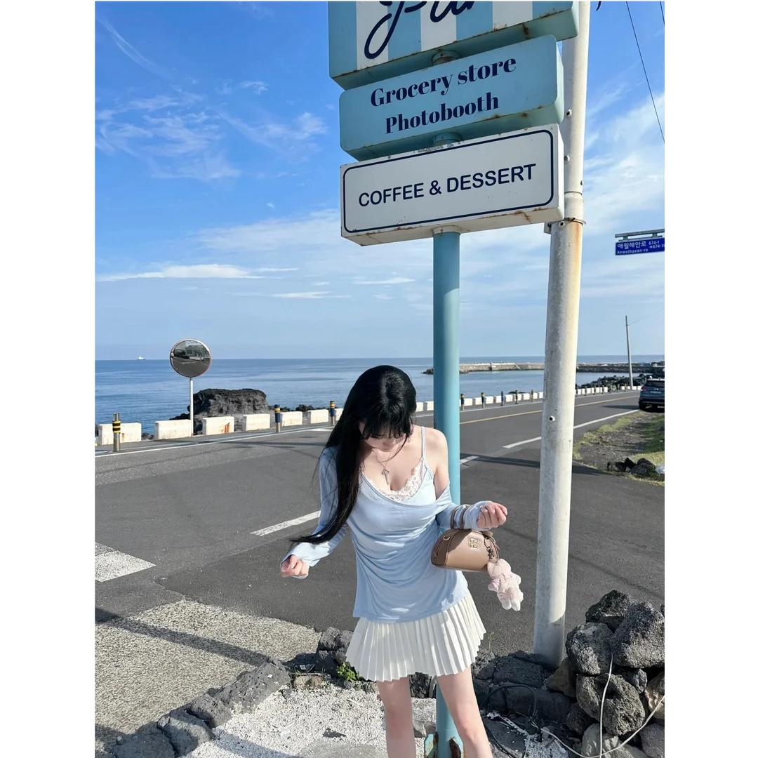 2025秋季新款法式纯欲性感斜肩露肩长袖上衣配显瘦高腰半身裙套装