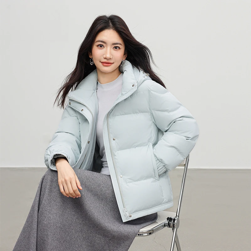 拉夏贝尔宽松时尚保暖羽绒服2025冬季新款女士可拆卸连帽短款外套