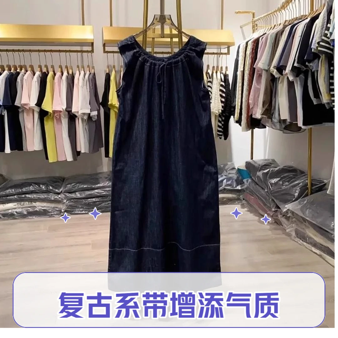 胖MM大码复古系带无袖牛仔连衣裙女夏新款宽松气质显瘦背心长裙潮