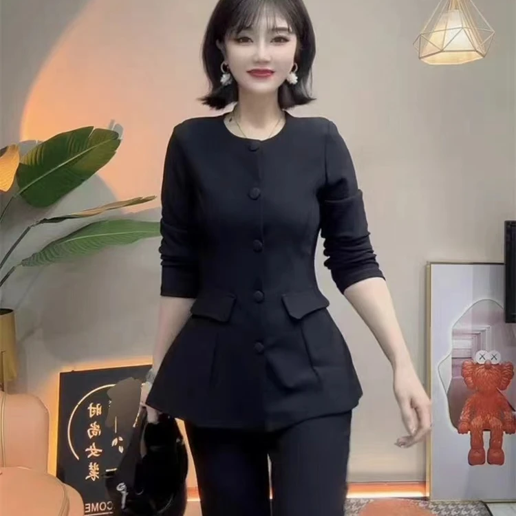 【小曹大码】5633春季新款显瘦气质女装上衣＋小脚裤套装
