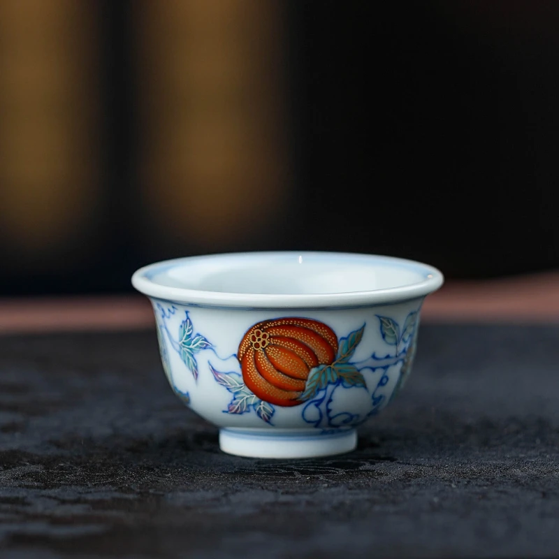 望月怀古斗彩金瓜迷你压手WYHG240茶杯品茗杯主人杯茶具陶瓷