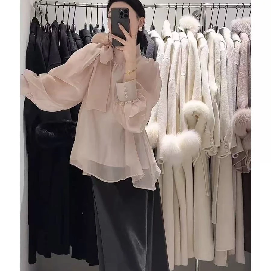 设计款蝴蝶结雪纺衬衫女早春2025新款高级感上衣气质泡泡袖衬衣