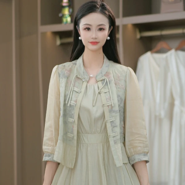 时尚新款国风刺绣盘扣气质新中式套装两件套M-4XL