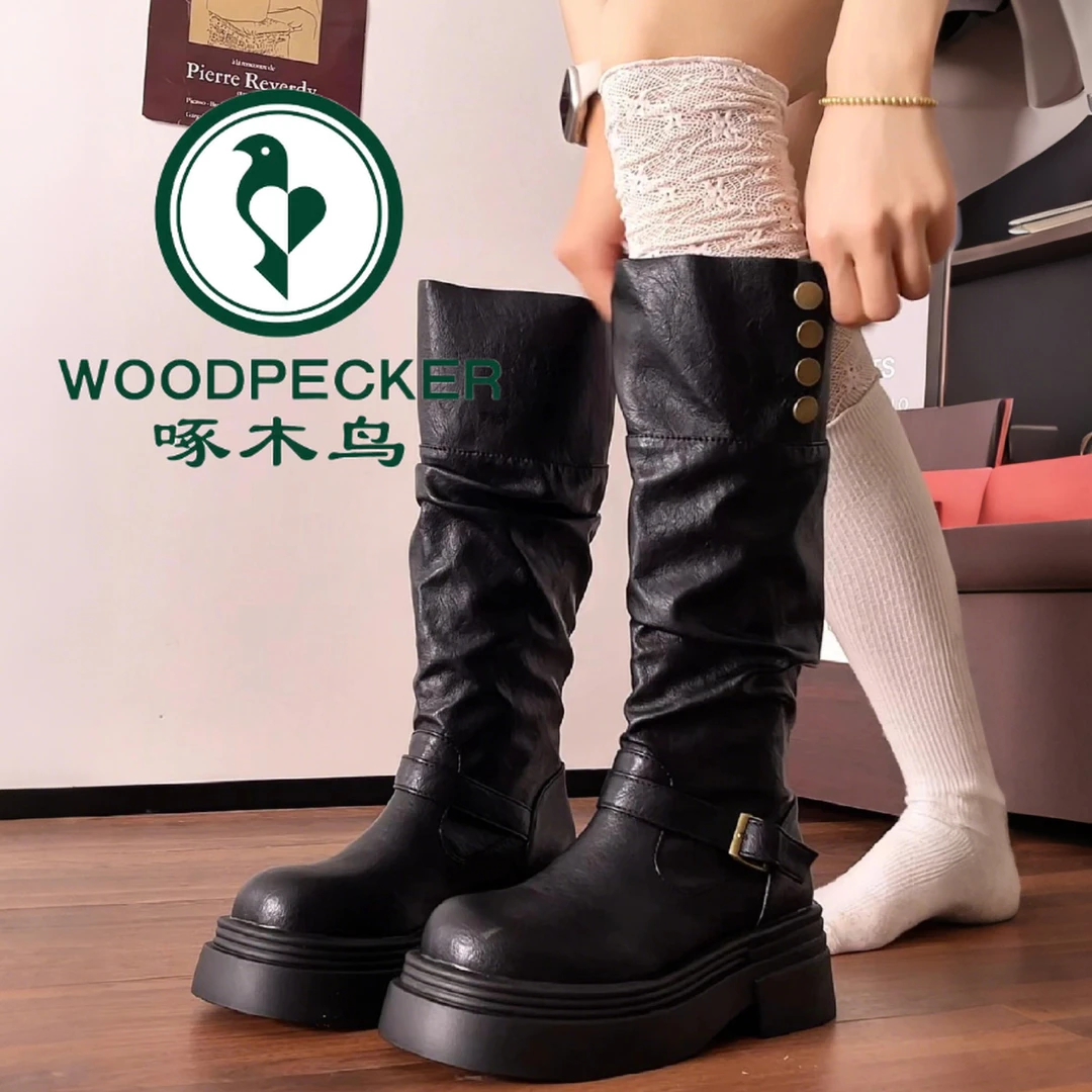 啄木鸟气质英伦风靴子女2025新款厚底增高骑士靴小个子显瘦长筒靴