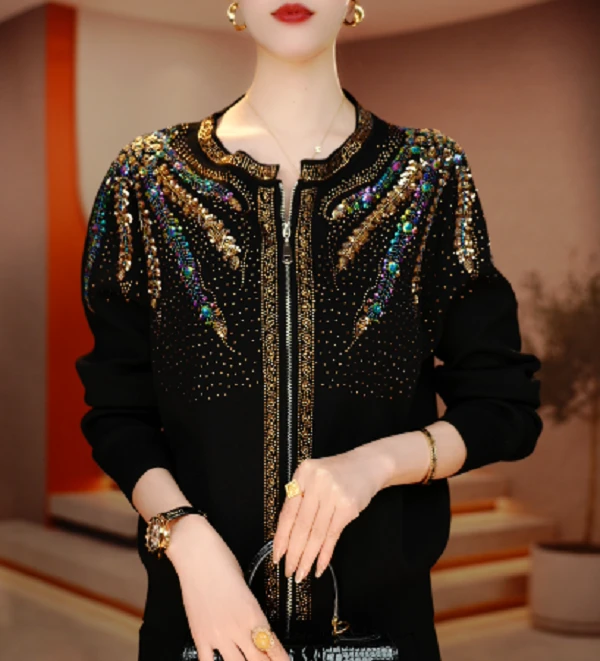 早秋新款显瘦显白时尚气质百搭重工烫钻针织开衫拉链外套V24M0600