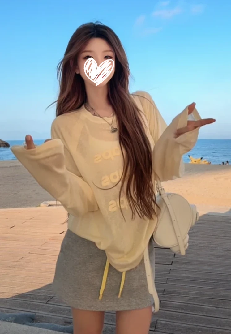 新款显瘦洋气罩衫宽松夏季微透小众发泡字母圆领防晒上衣#777