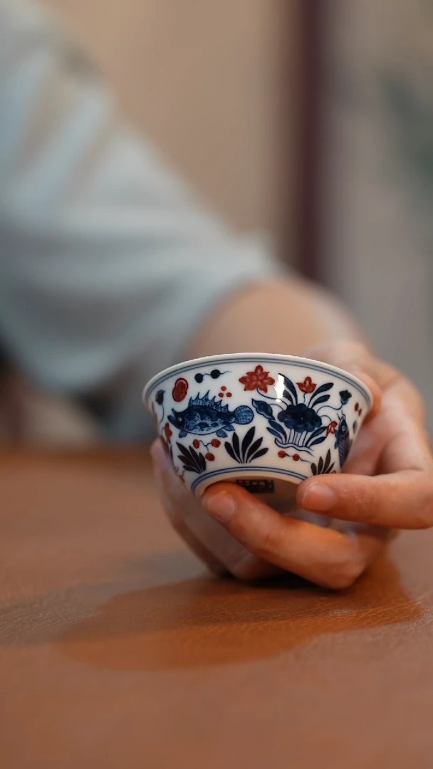 盖碗青花釉里红单杯