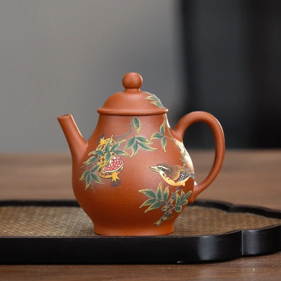 9131宜兴紫砂茶具红泥泡茶壶中式朱泥堆绘石榴鸟壶200cc左右精美