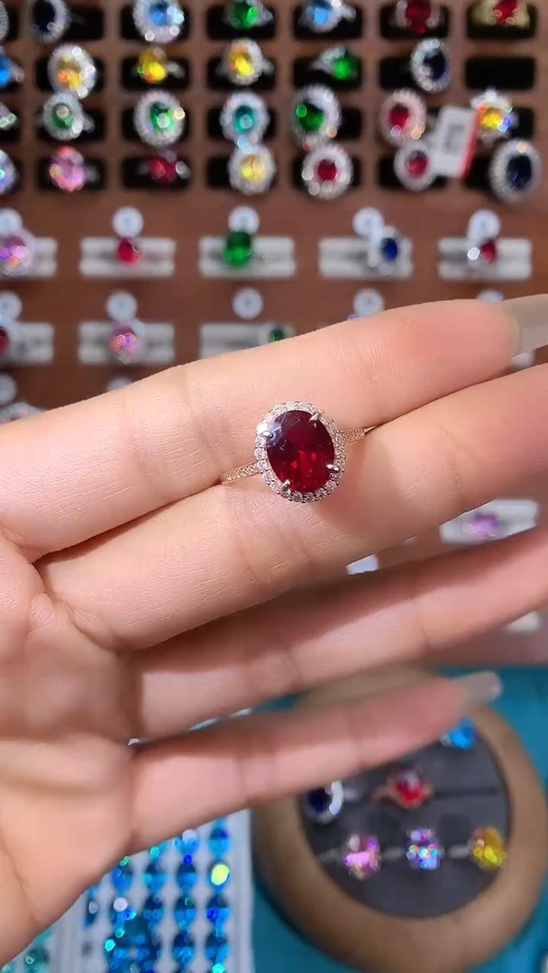 银S925镶嵌戒指红宝石810酒红玫瑰金