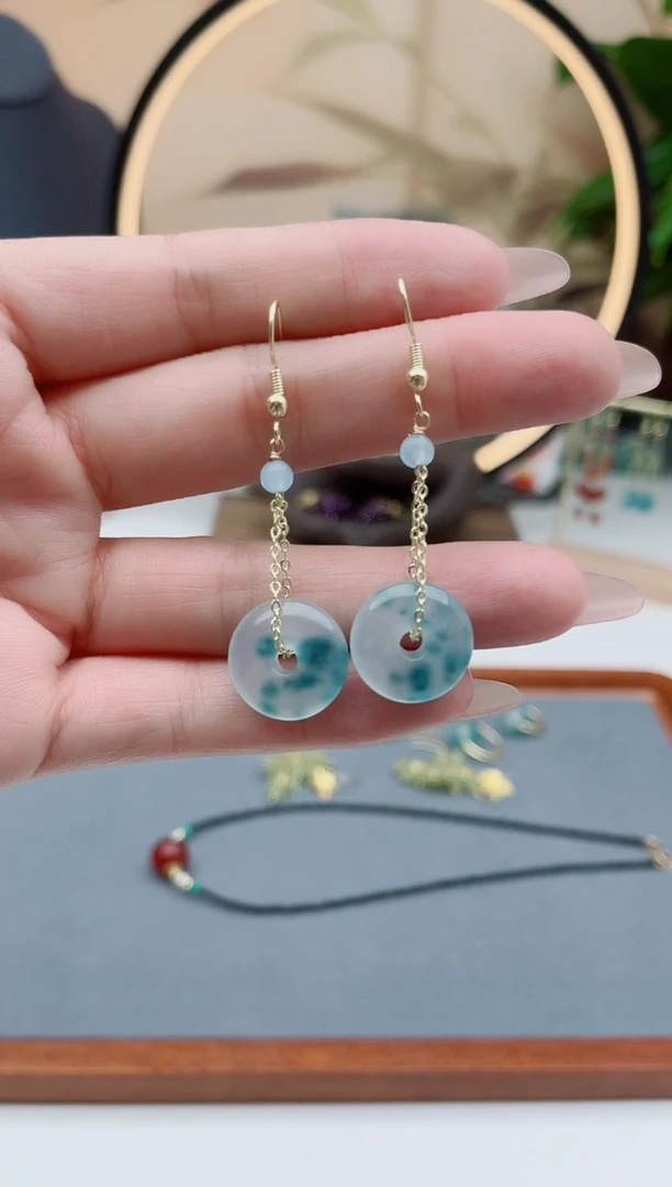 石英质玉银S925镶嵌耳饰00平安扣蓝水飘花