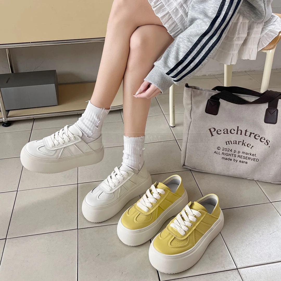 2025年春季新款真皮厚底小白鞋女百搭透气舒适软底增高板鞋607-3