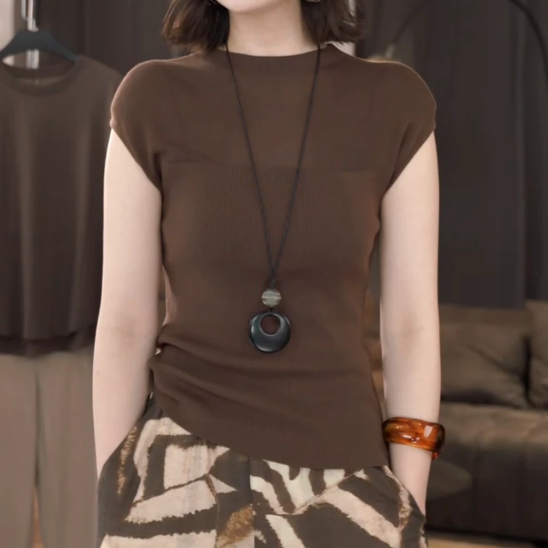 2025夏季新款透气圆领修身显瘦小飞袖针织上衣LK2504977