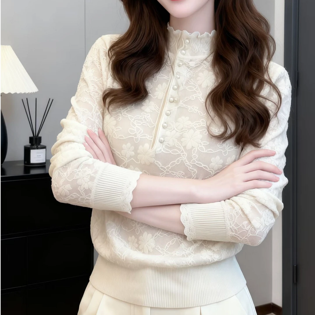 阿玛诗2025秋冬款珍珠扣花边毛衣上衣针织衫立领镂空纽扣毛衣女