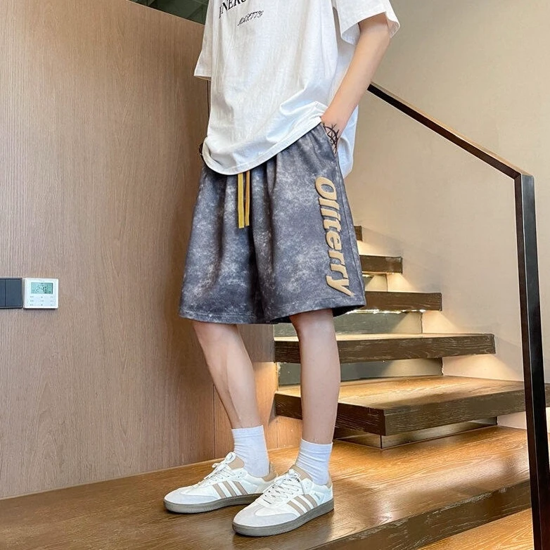 保威特·犀牛美式扎染短裤男夏季宽松直筒运动休闲裤男潮牌五分裤