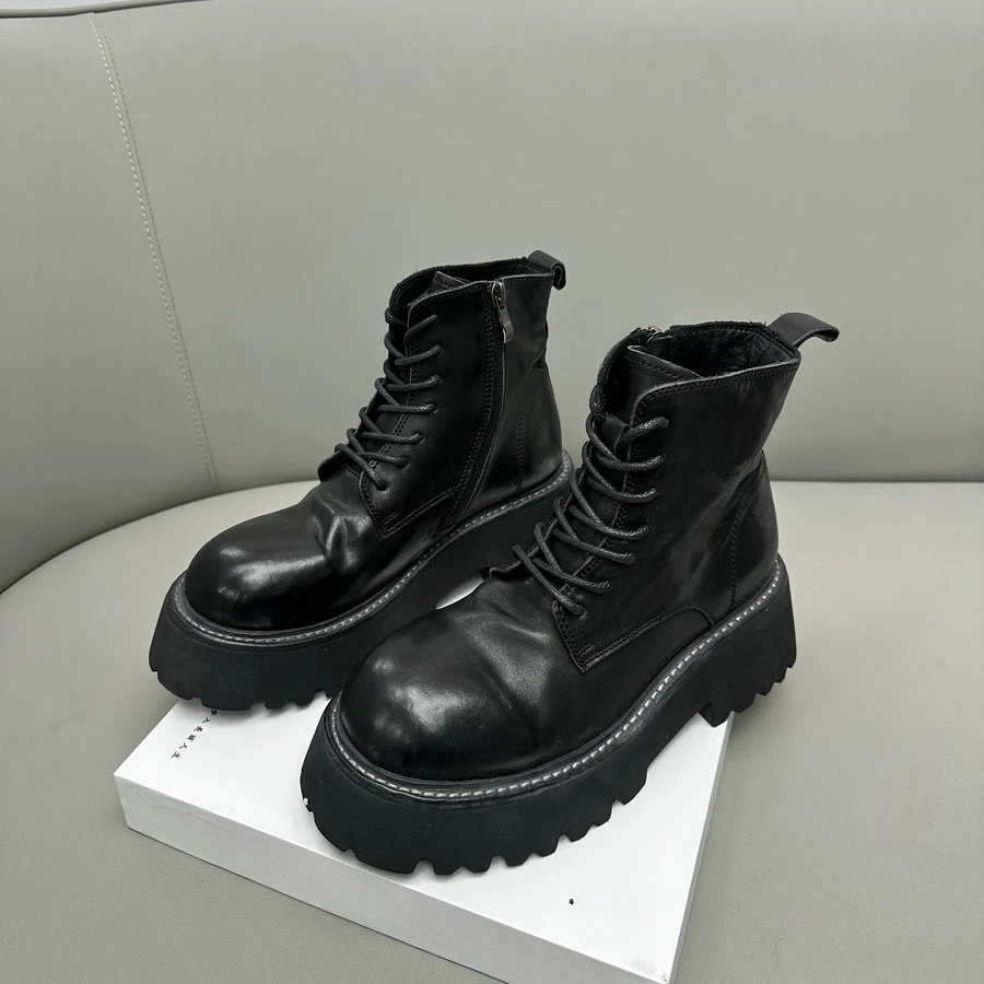 欧货真皮系带侧拉链马丁靴女