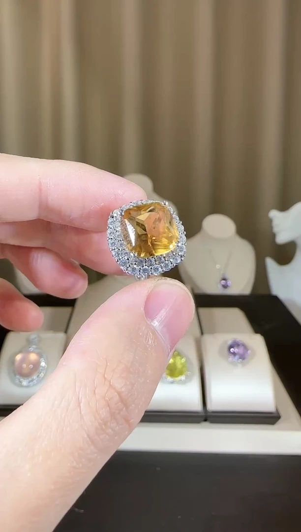 【闪购商品】黄晶戒指银S925镶嵌10mm