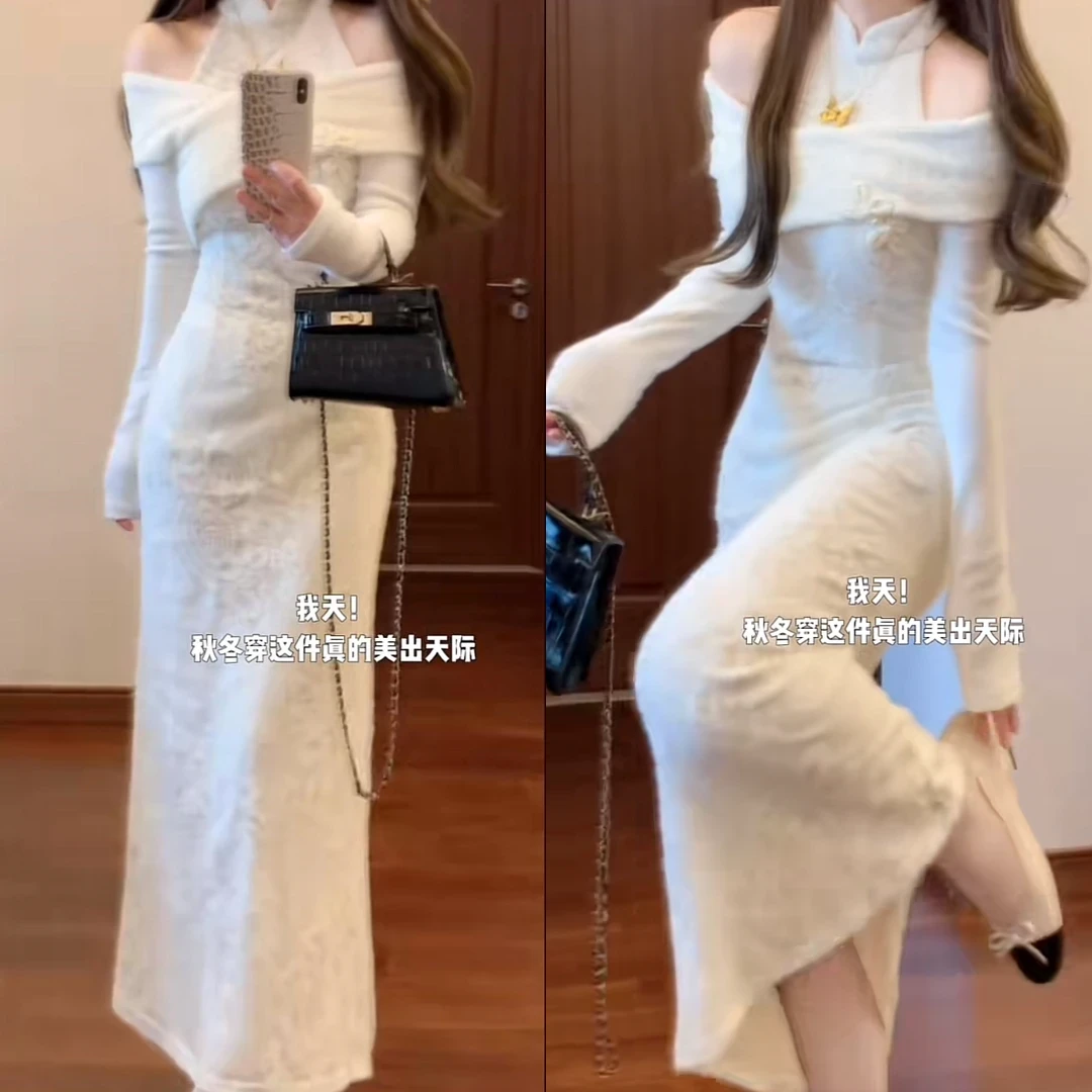 秋冬新中式国风露肩蕾丝旗袍针织连衣裙高腰气质名媛礼服长裙5517