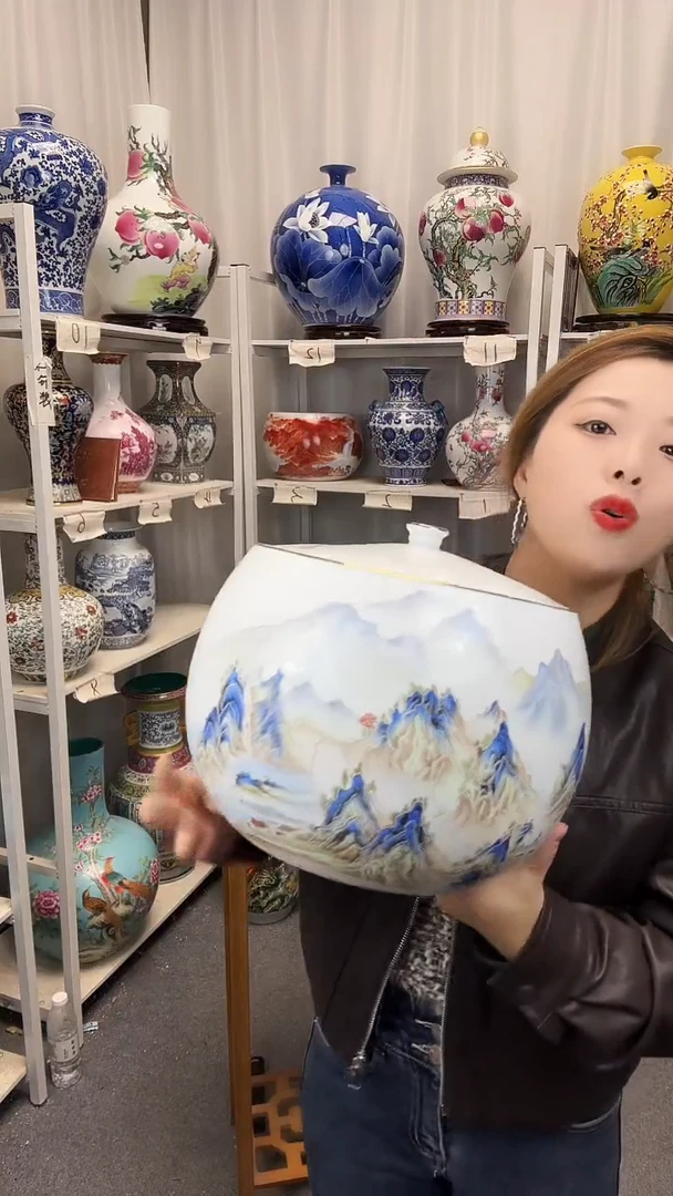 摆件景德镇孙绍平千里江山米缸带证书送底座