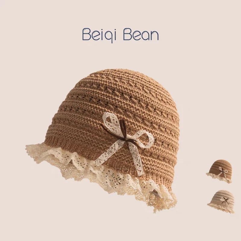儿童帽子韩版新款时尚可爱蝴蝶结蕾丝渔夫帽女童夏季镂空遮阳盆帽