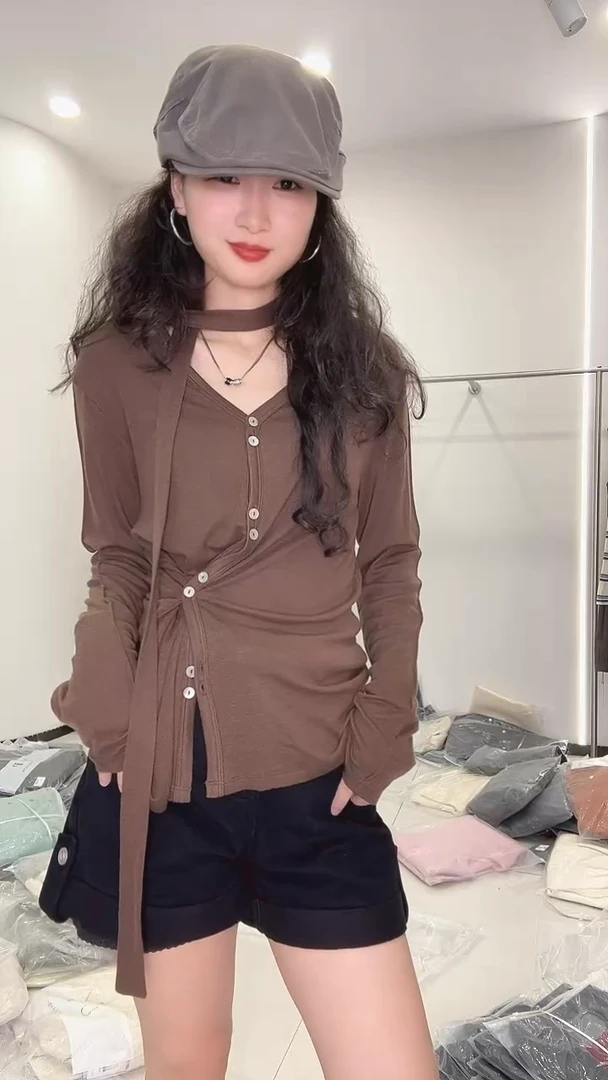 L码！咖啡色针织开衫设计师款！气质女人