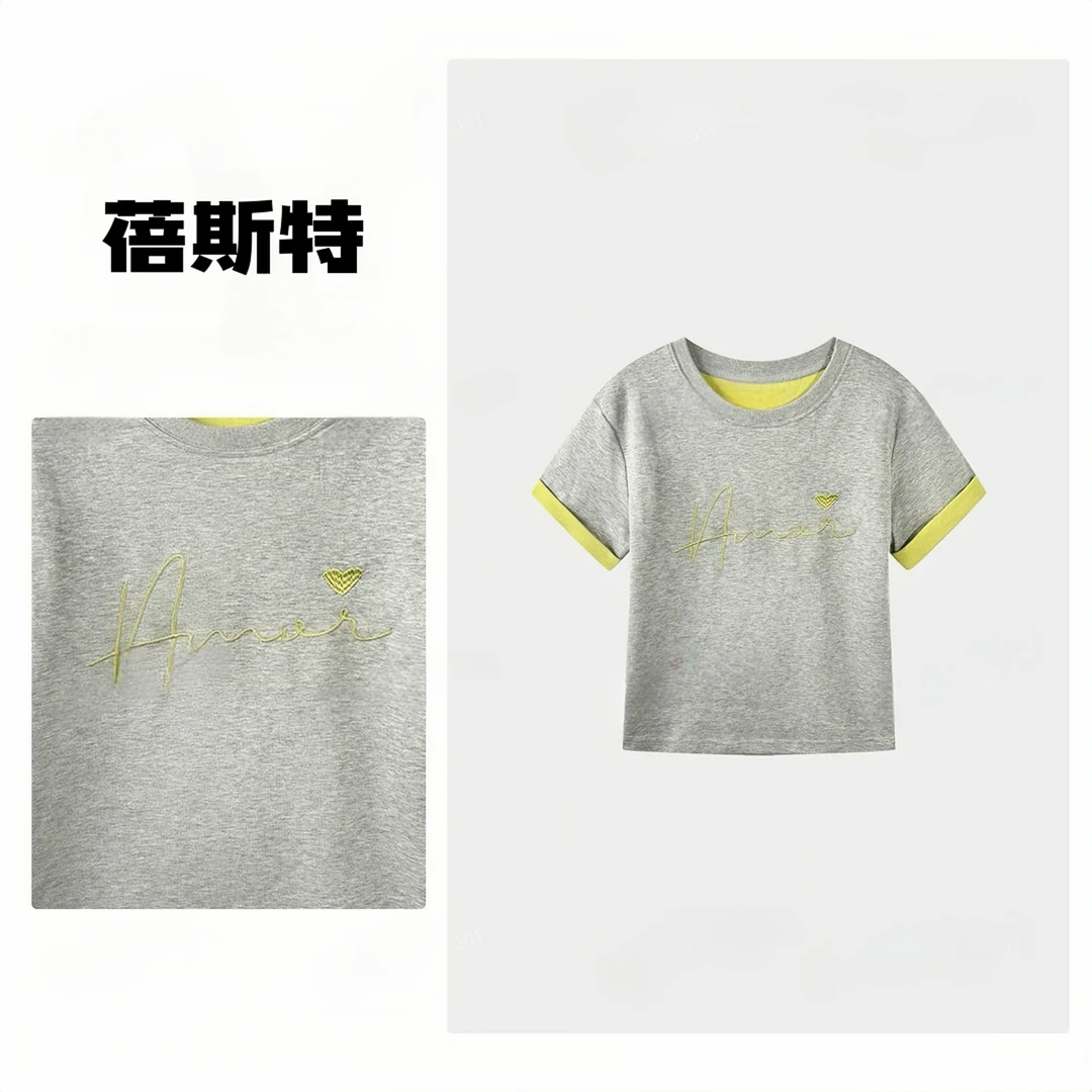 字母刺绣 2025新款欧货休闲短袖T恤双色面料设计上衣