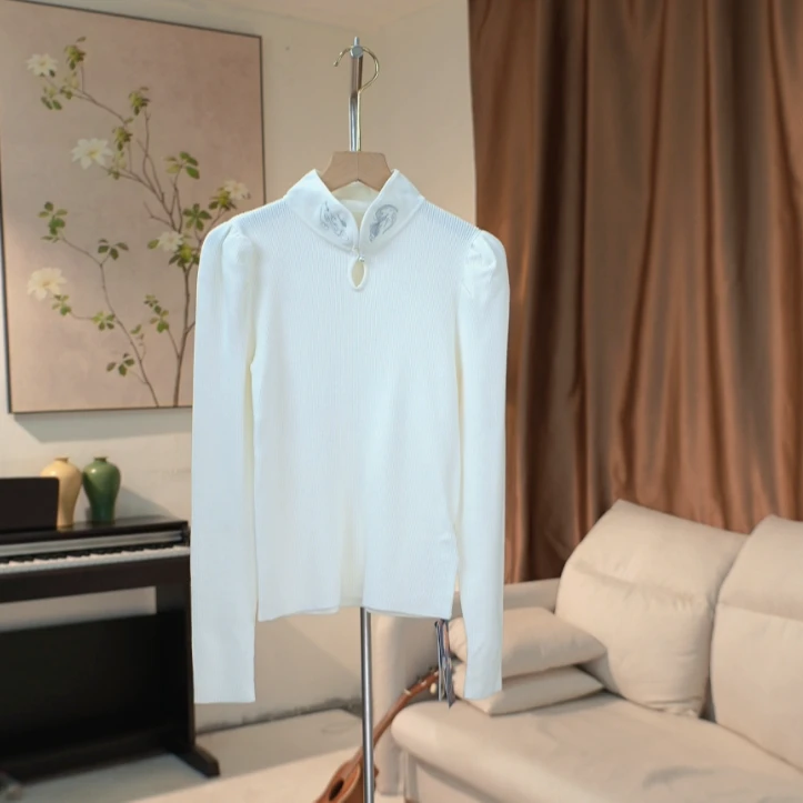 G229 秋冬小立领盘扣锦鲤刺绣针织毛衫女 9G89