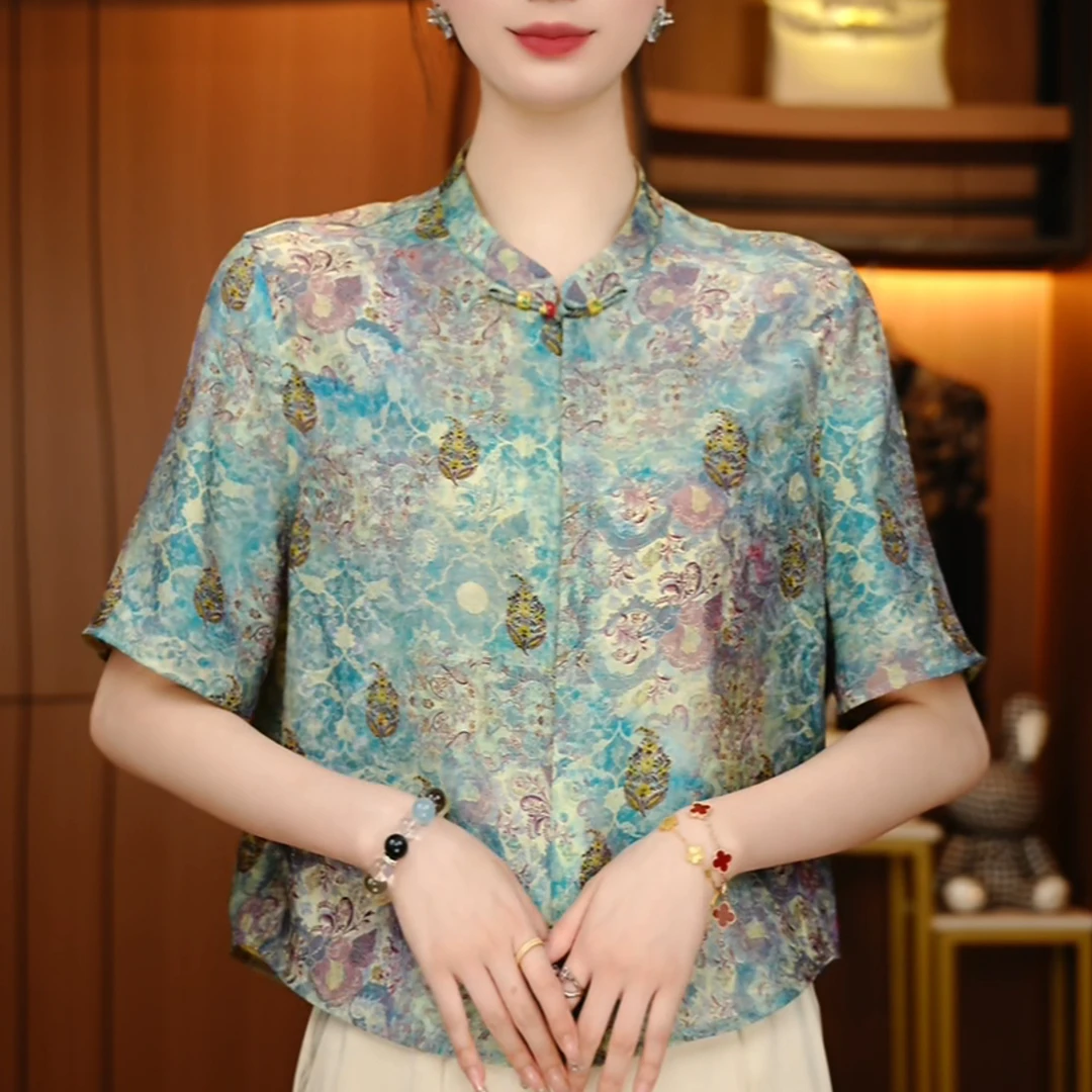 深圳新中式夏季国风上衣上新百搭气质印花款遮肉显瘦短袖-F250399