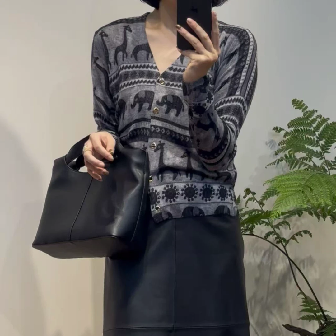 TANTAN 气质百搭印花V领秋季针织开衫羊毛上衣2770