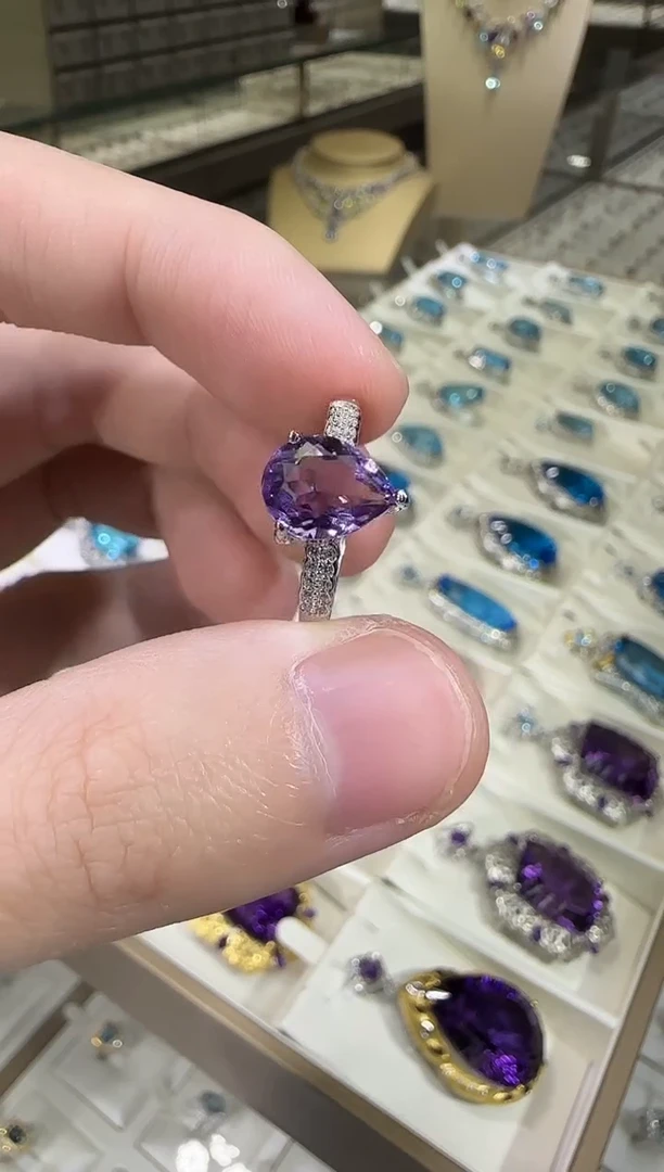 银S925镶嵌戒指紫晶水滴款10*8mm