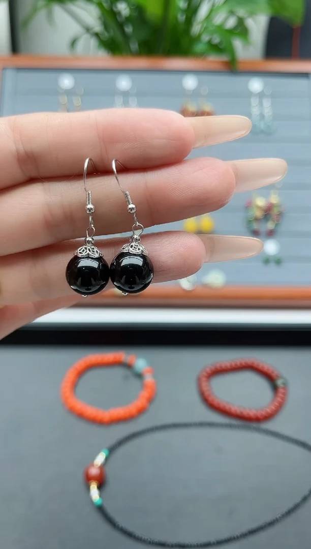 【闪购商品】黑曜岩耳饰银S925镶嵌1101黑曜石