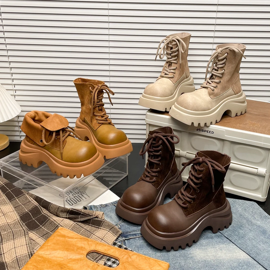 【郑】马丁靴女系带翻领两穿机车靴短靴工装靴小个子厚底大黄靴