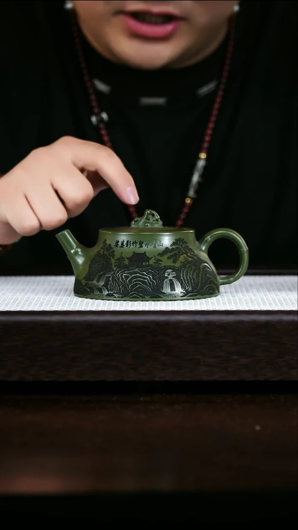 茶壶紫砂紫砂绿泥竹石  满刻山水