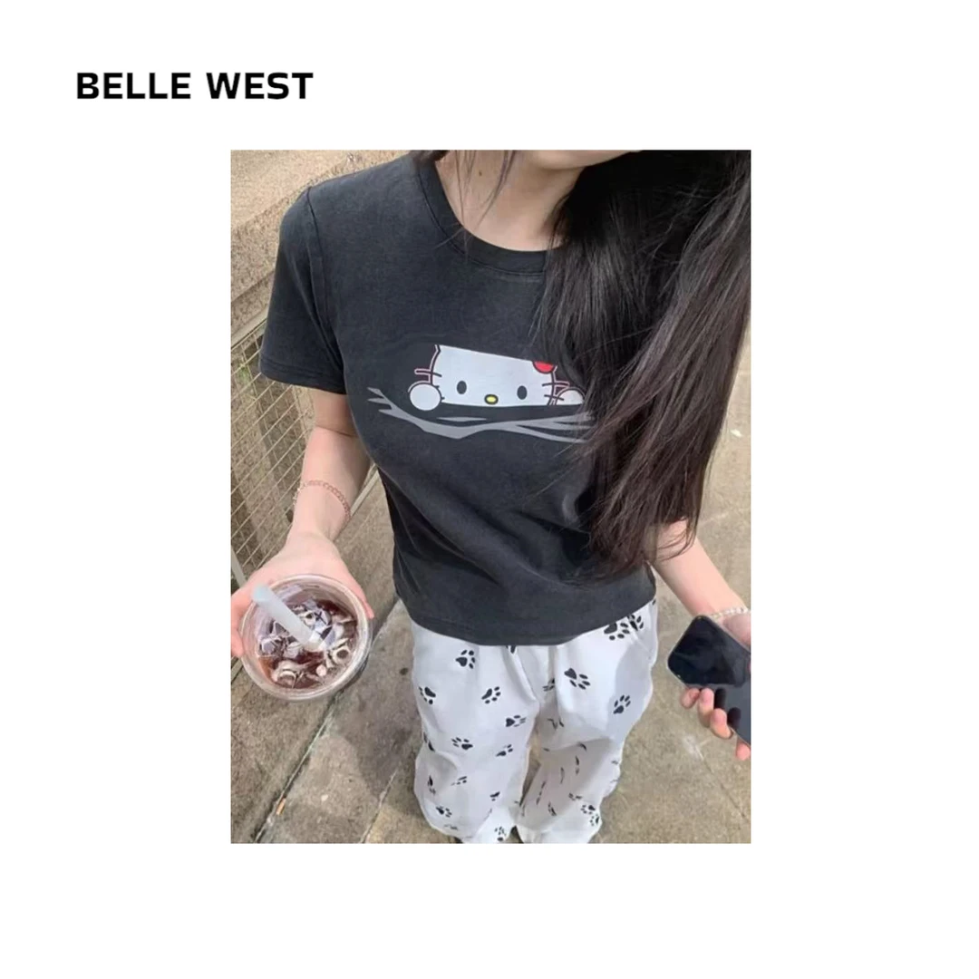 美式复古修身显瘦偷看猫咪正肩短袖T恤 J-12313