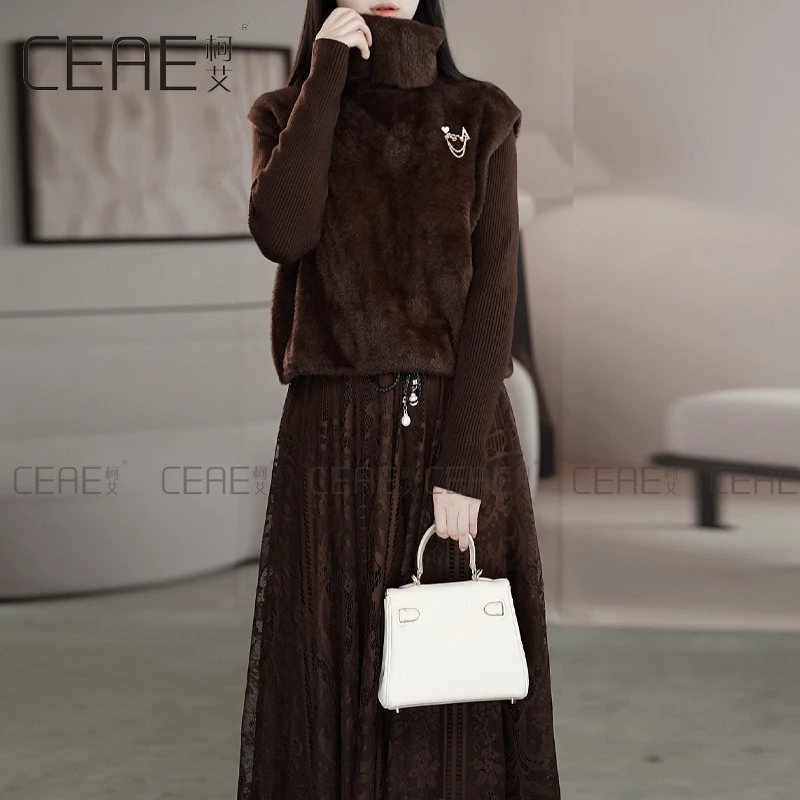 毛毛高领衣裙套装女秋冬新款气质显瘦加厚马甲两件套