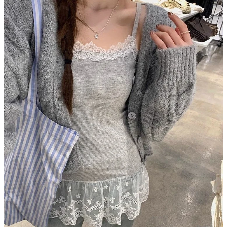 甜美辣妹拼接蕾丝吊带内搭女夏新款韩版外穿修身显瘦百搭打底上衣